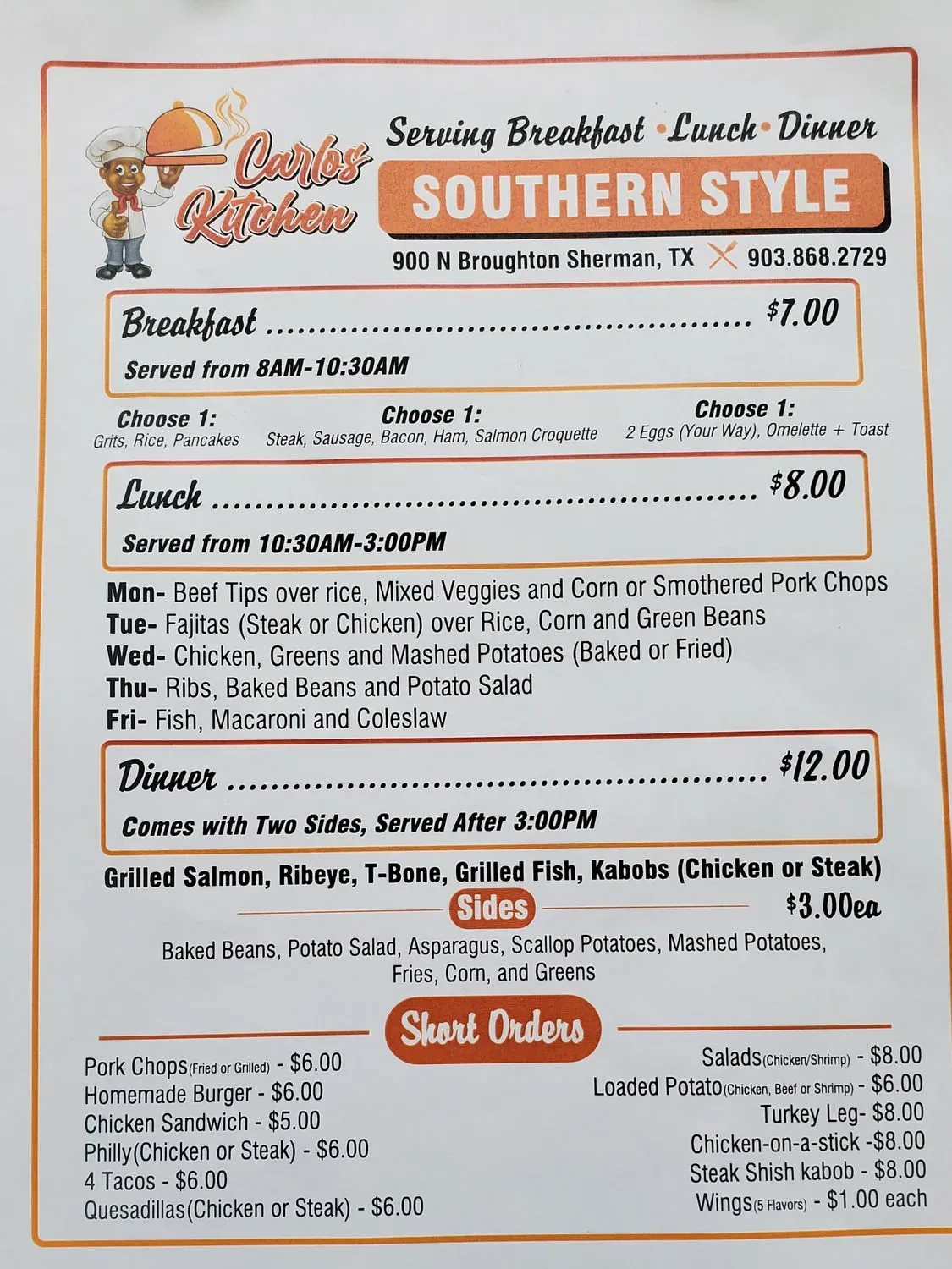 Carlos Kitchen Menu - Updated November 2025