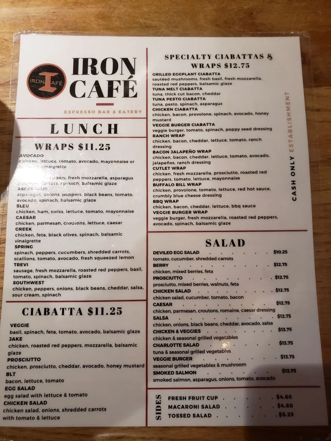 Iron Cafe Menu - Updated November 2025