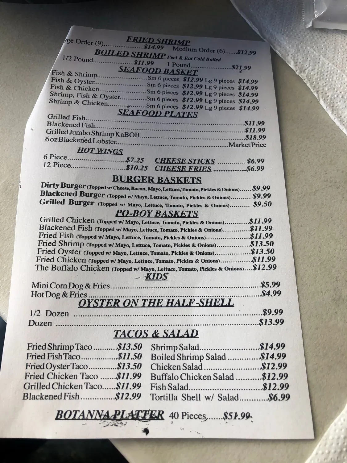 Dirty Al's Menu - Updated November 2025