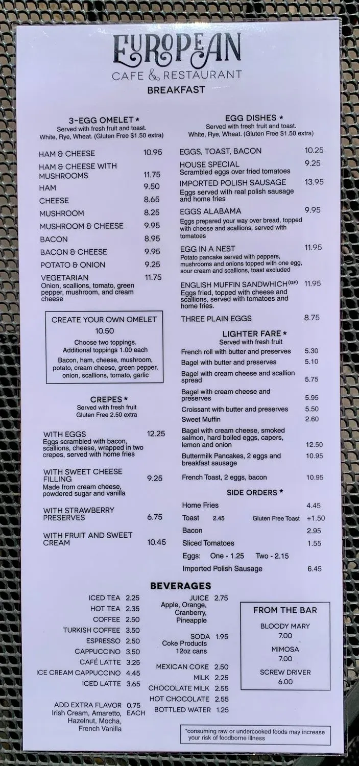 European Cafe and Restaurant Menu - Updated November 2025