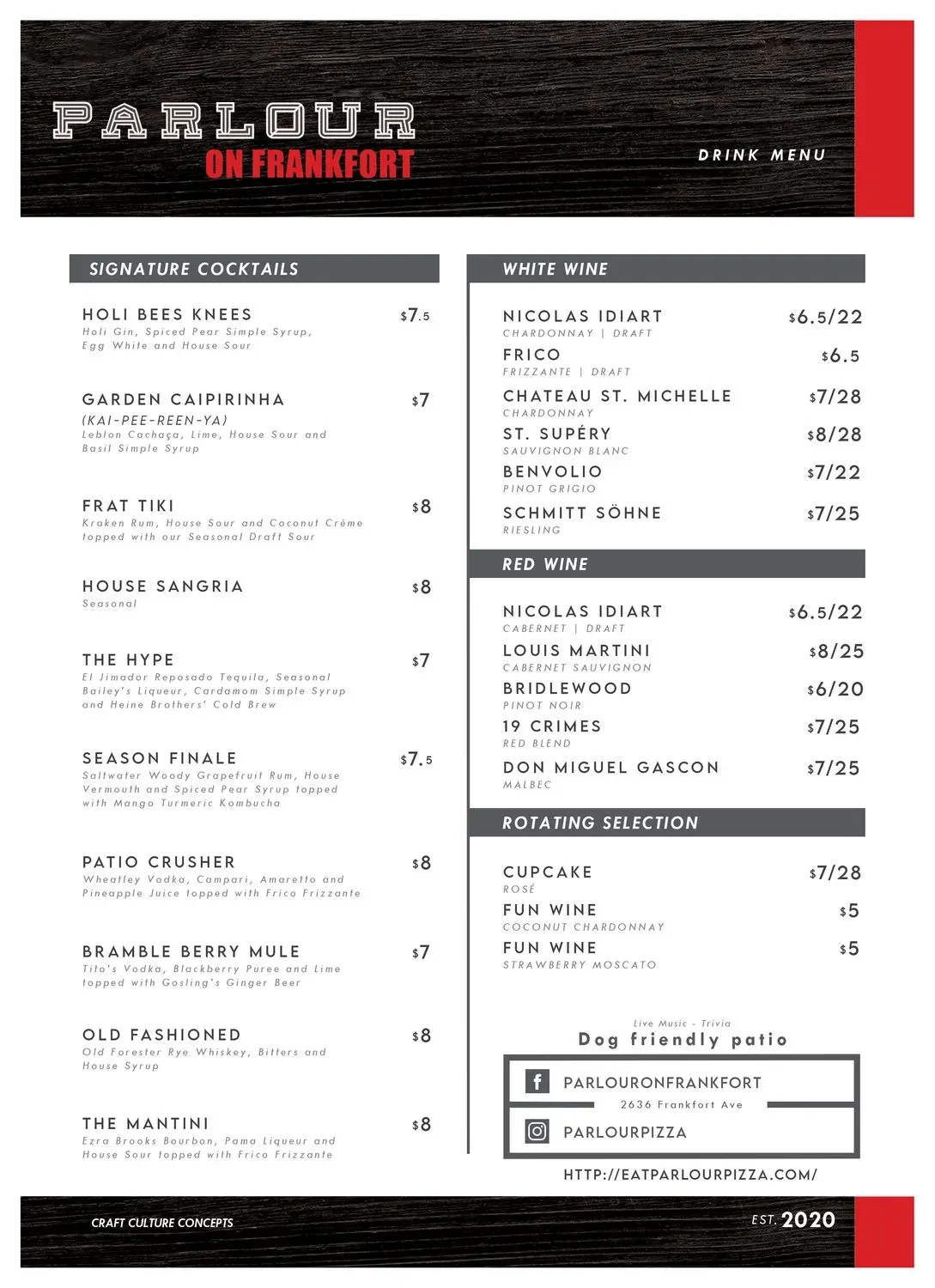 PARLOUR Menu - Updated November 2025