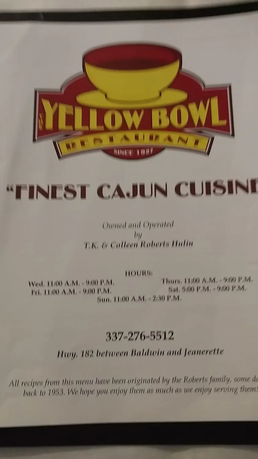 Yellow Bowl Restaurant Menu - Updated November 2025