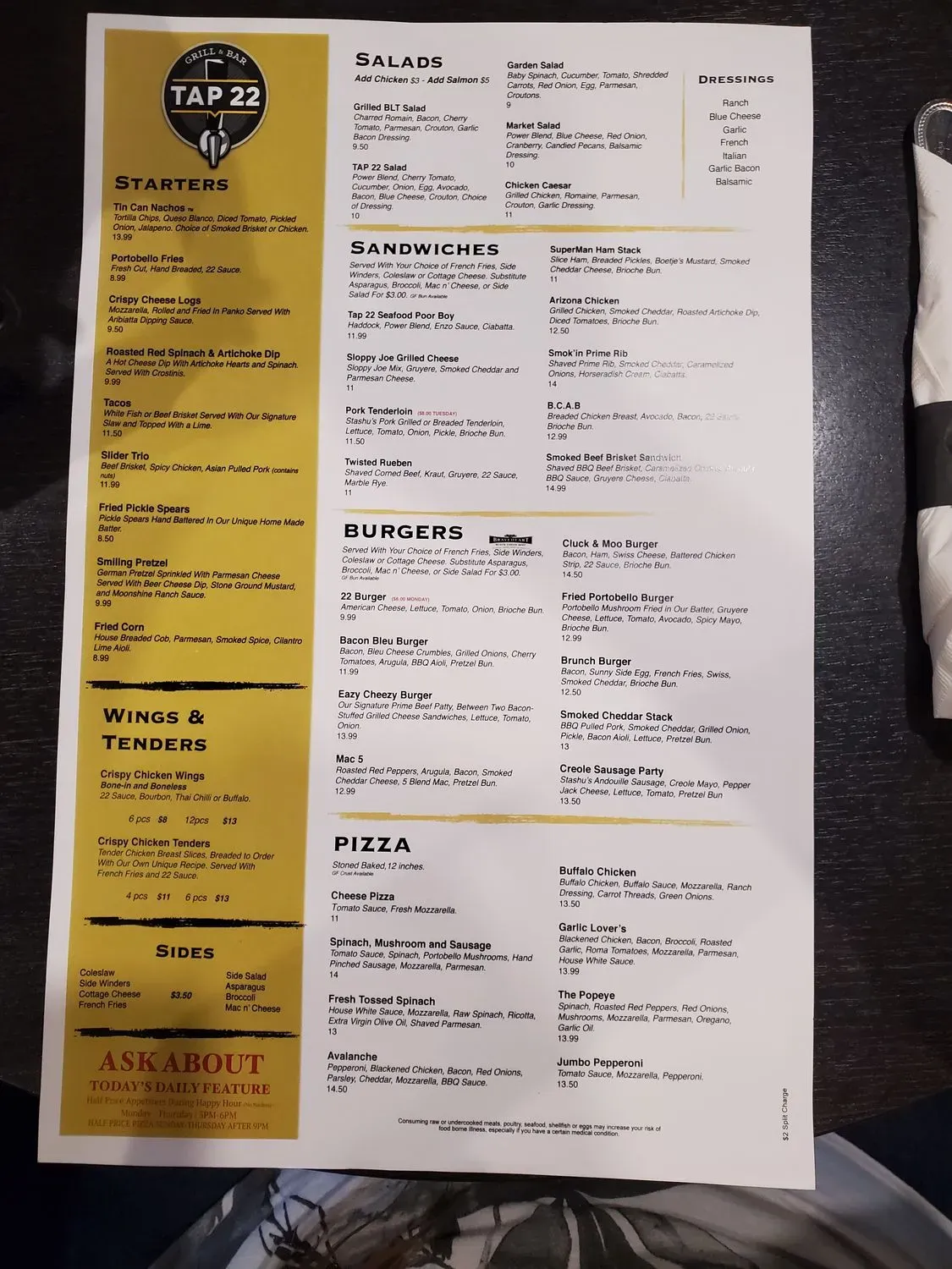 Tap 22 Grill & Bar Menu - Updated November 2025