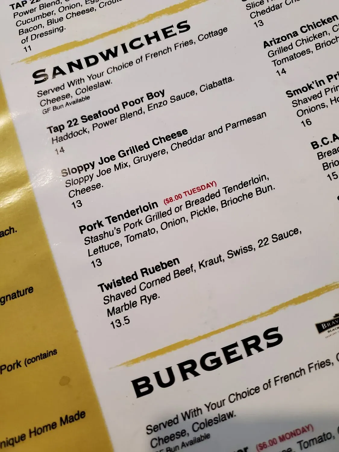 Tap 22 Grill & Bar Menu - Updated November 2025