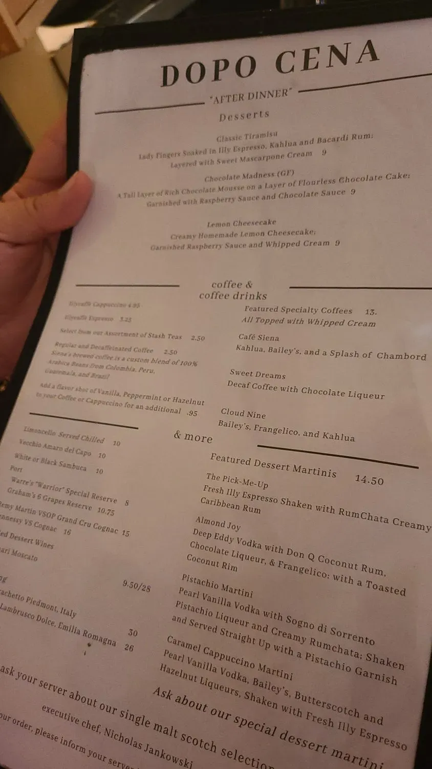 Siena Menu - Updated November 2025