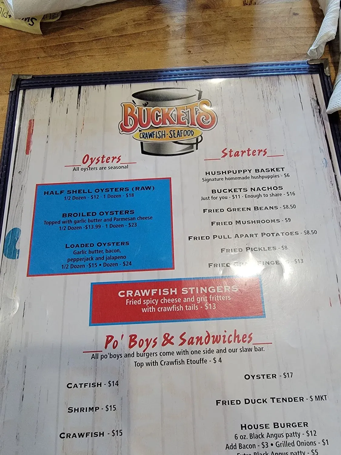 Buckets Crawfish and Seafood Menu - Updated November 2025