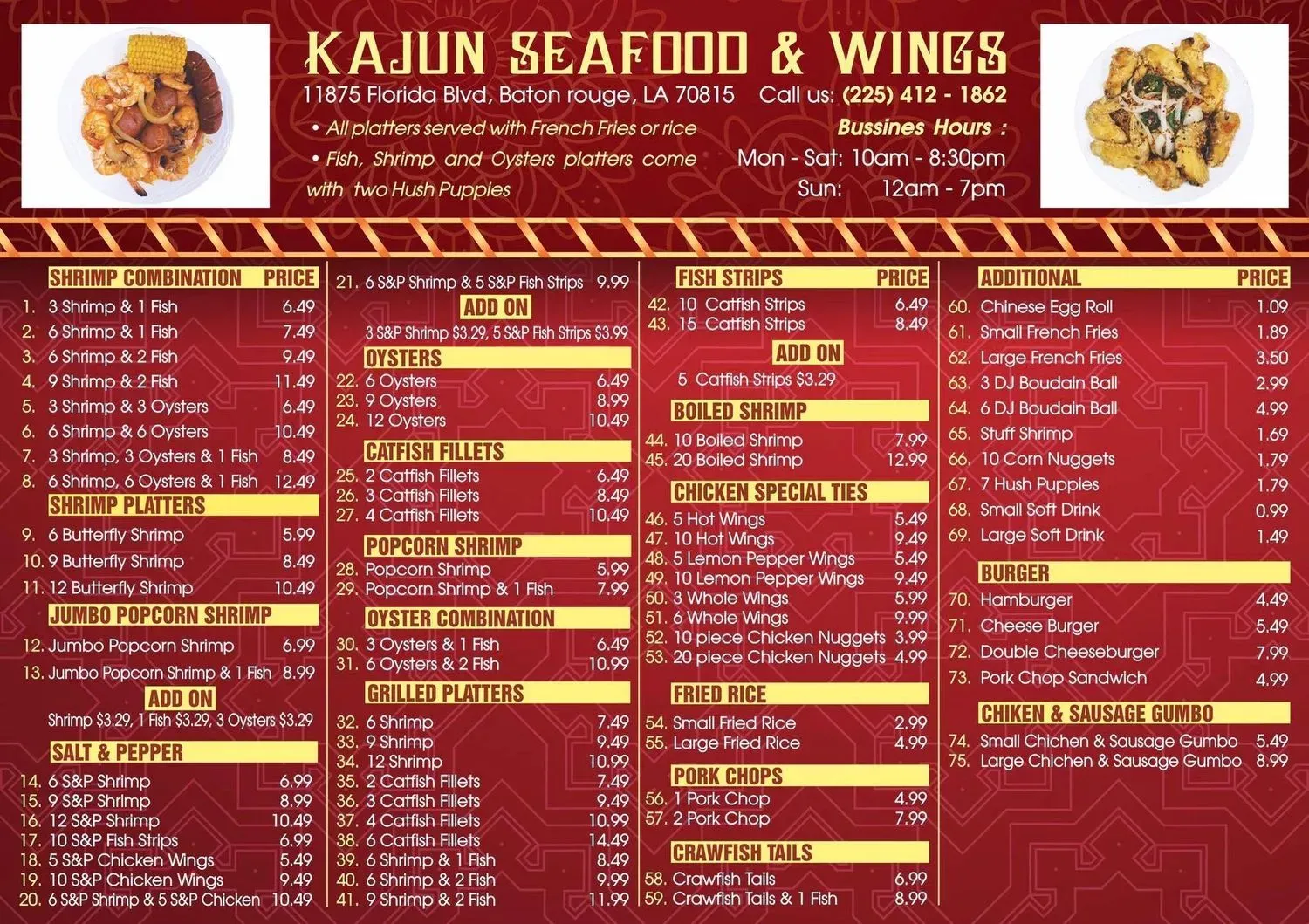 Kajun Seafood & Wings Menu - Updated November 2025