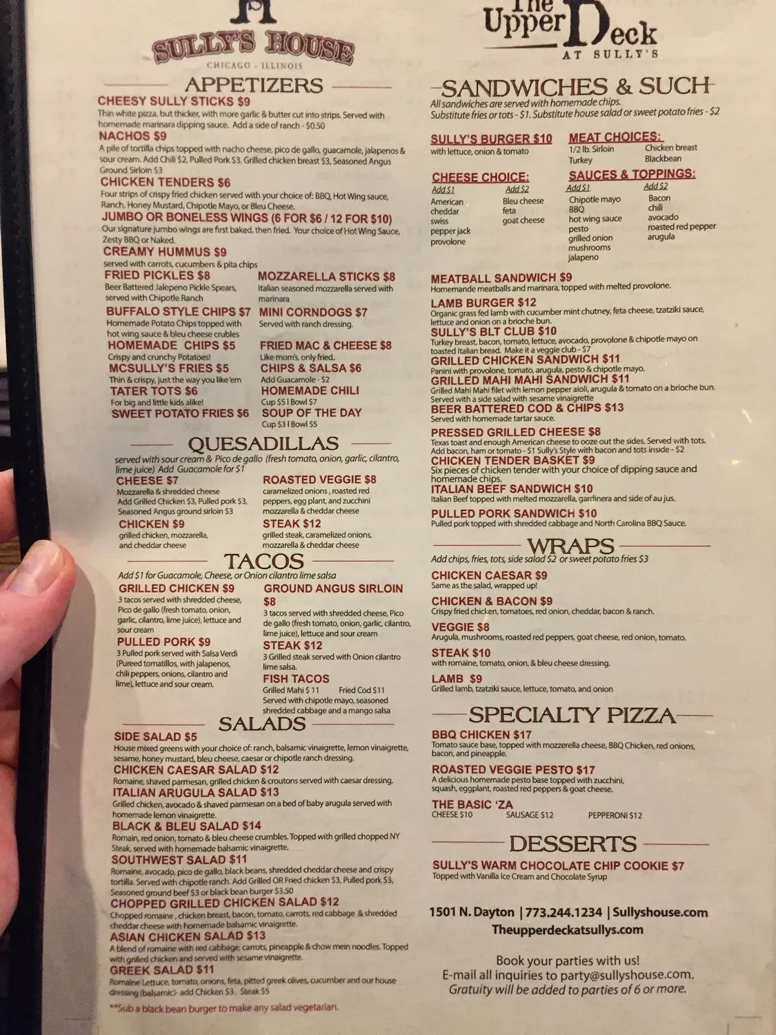 Sully's House Menu - Updated November 2025
