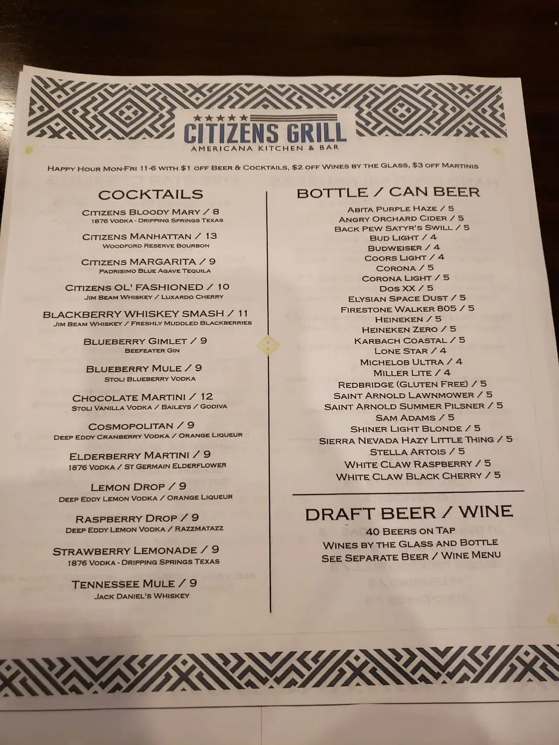 Citizens Grill Menu - Updated November 2025
