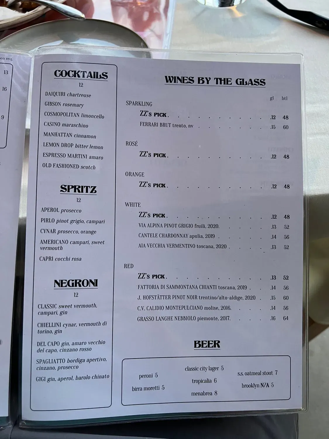 ZZ & Simone's Menu - Updated November 2025