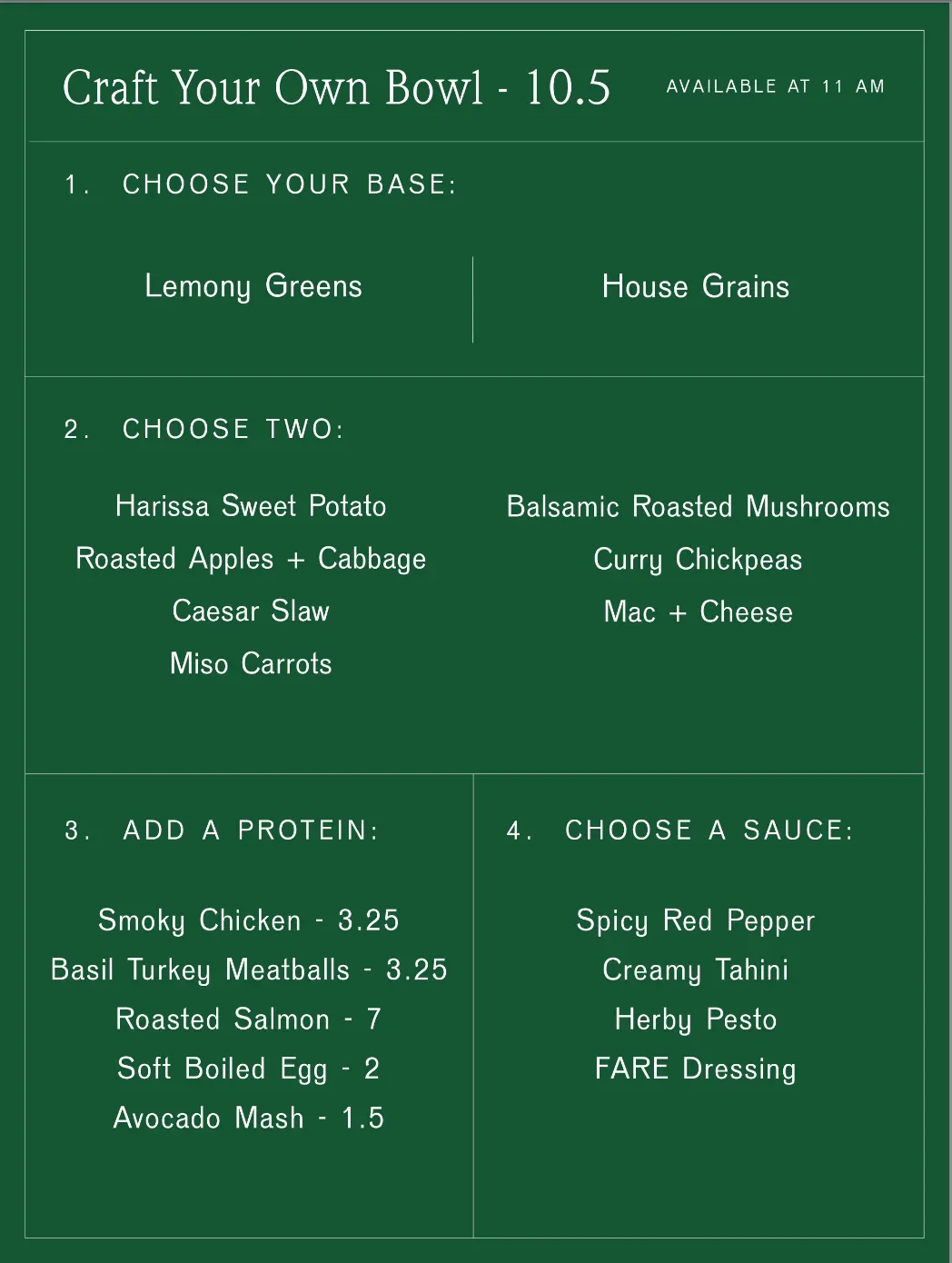FARE Menu - Updated November 2025