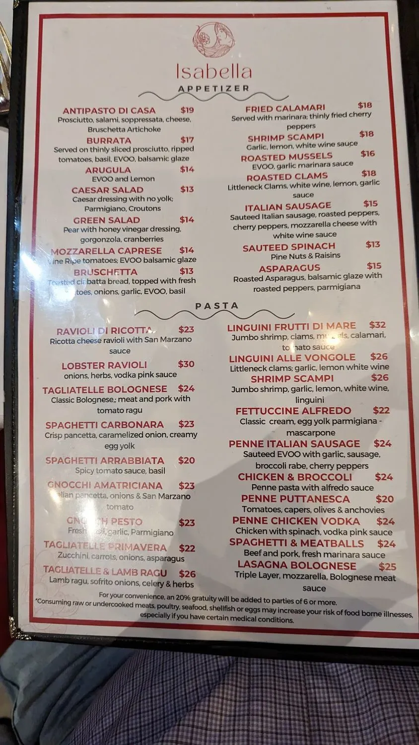 Isabella Restaurant Menu - Updated November 2025