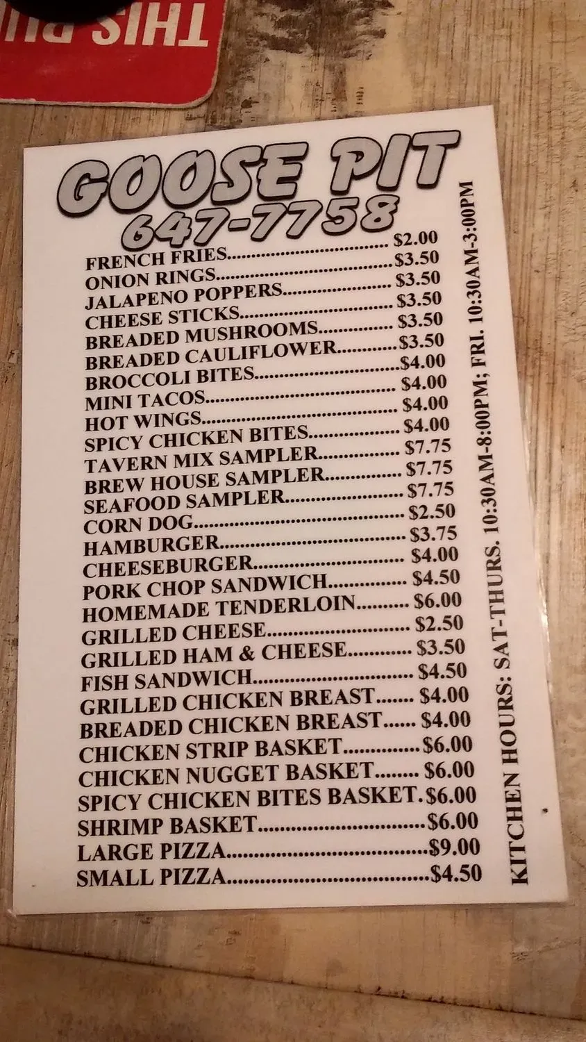 Goose Pit Menu - Updated November 2025