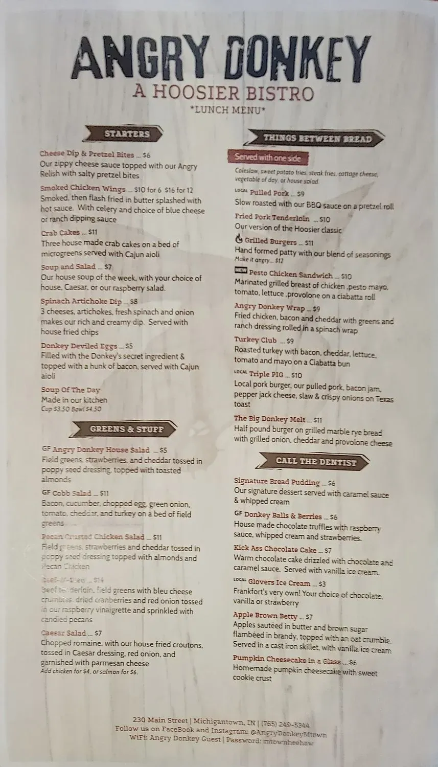Angry Donkey Menu - Updated November 2025