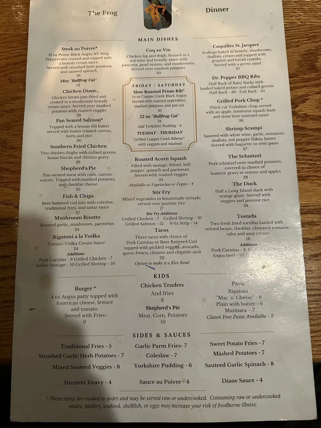 The Frog Restaurant Menu - Updated November 2025