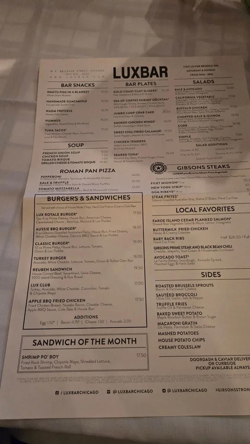 LUXBAR Menu - Updated November 2025