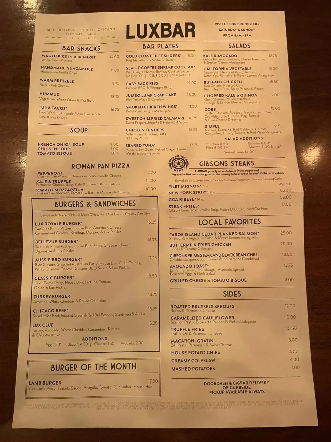 LUXBAR Menu - Updated November 2025