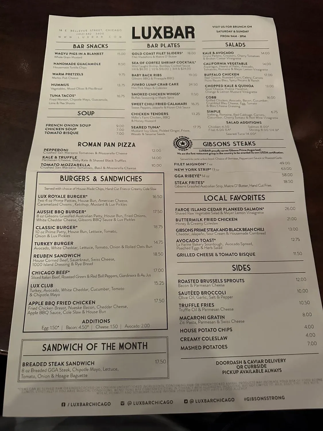 LUXBAR Menu - Updated November 2025