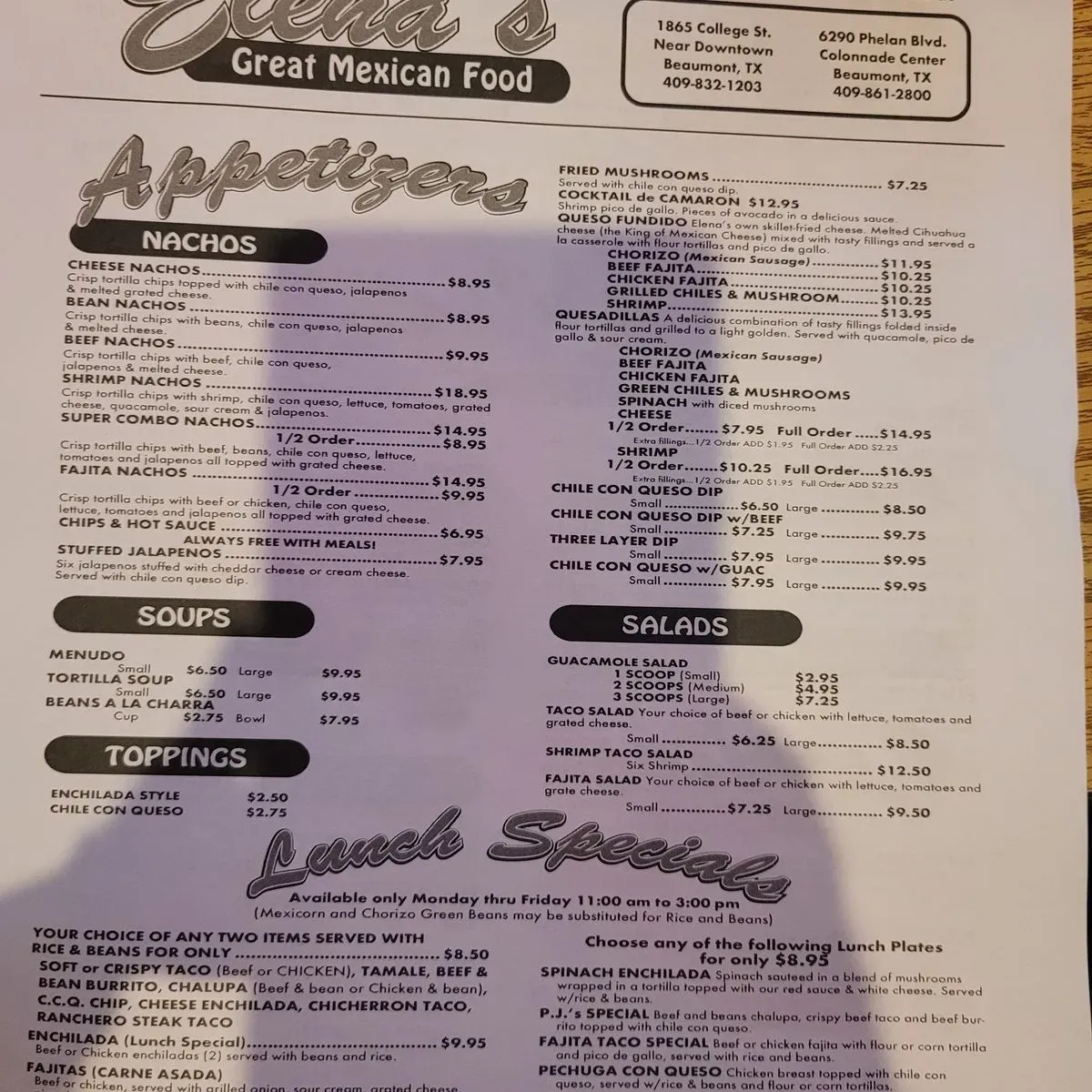 Elena s Mexican Restaurant Menu Beaumont TX Checkle