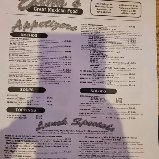 Elena s Mexican Restaurant Menu Beaumont TX Checkle