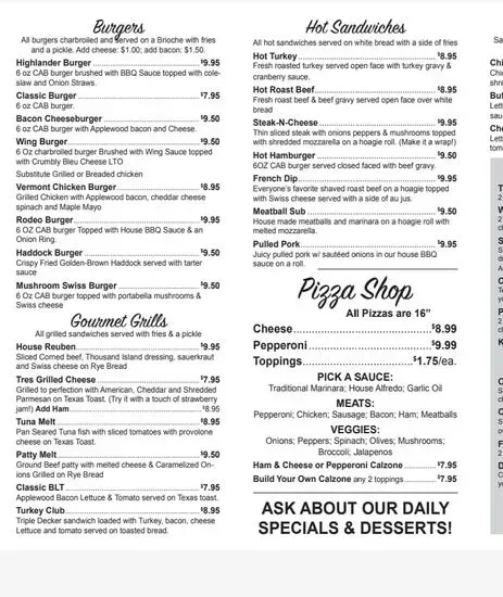 Highland Restaurant Menu | Massena, NY | Checkle