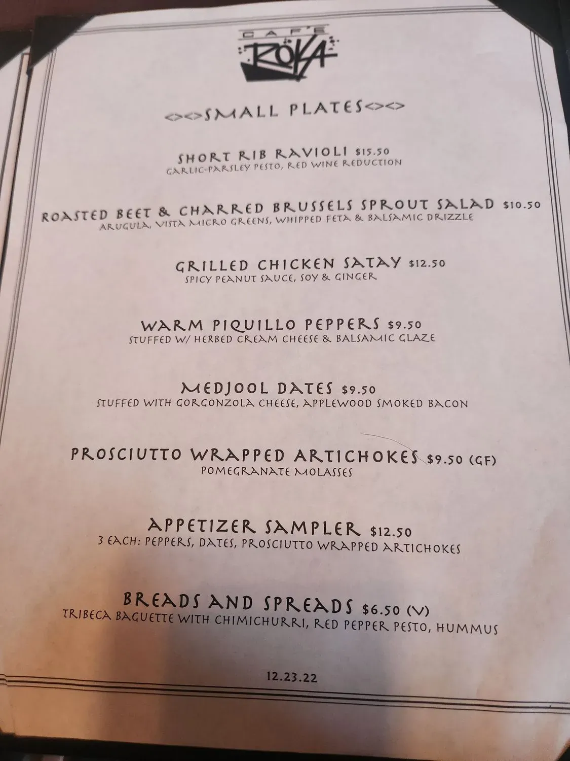 Cafe Roka Menu - Updated November 2025