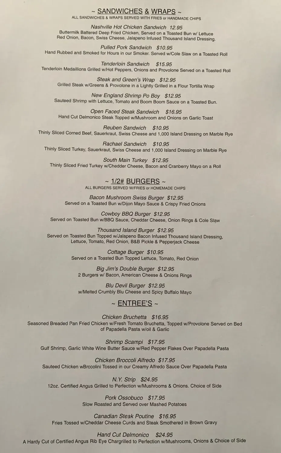 Arthur's Menu - Updated July 2025