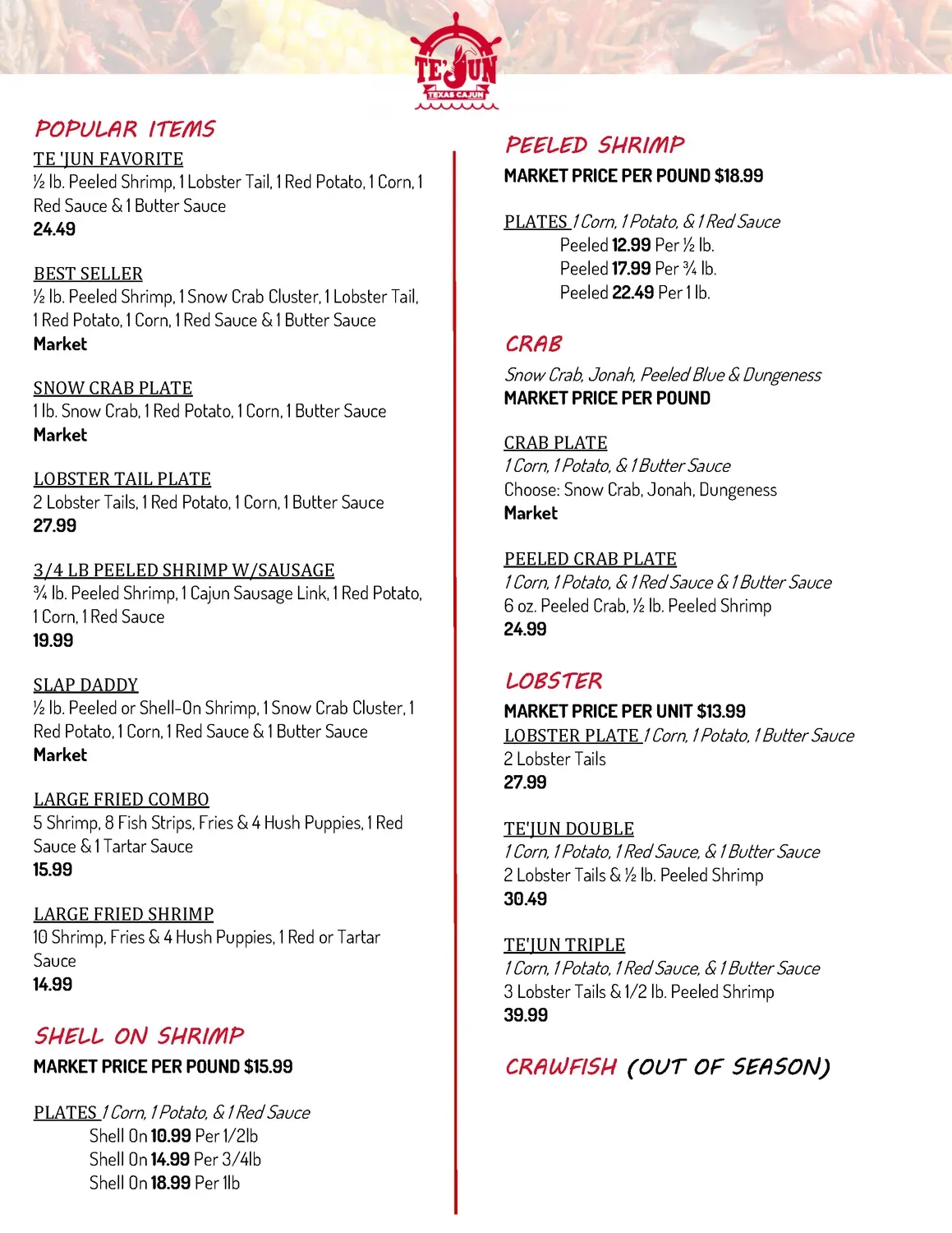 Te'Jun The Texas Cajun- Red Oak Menu - Updated November 2025
