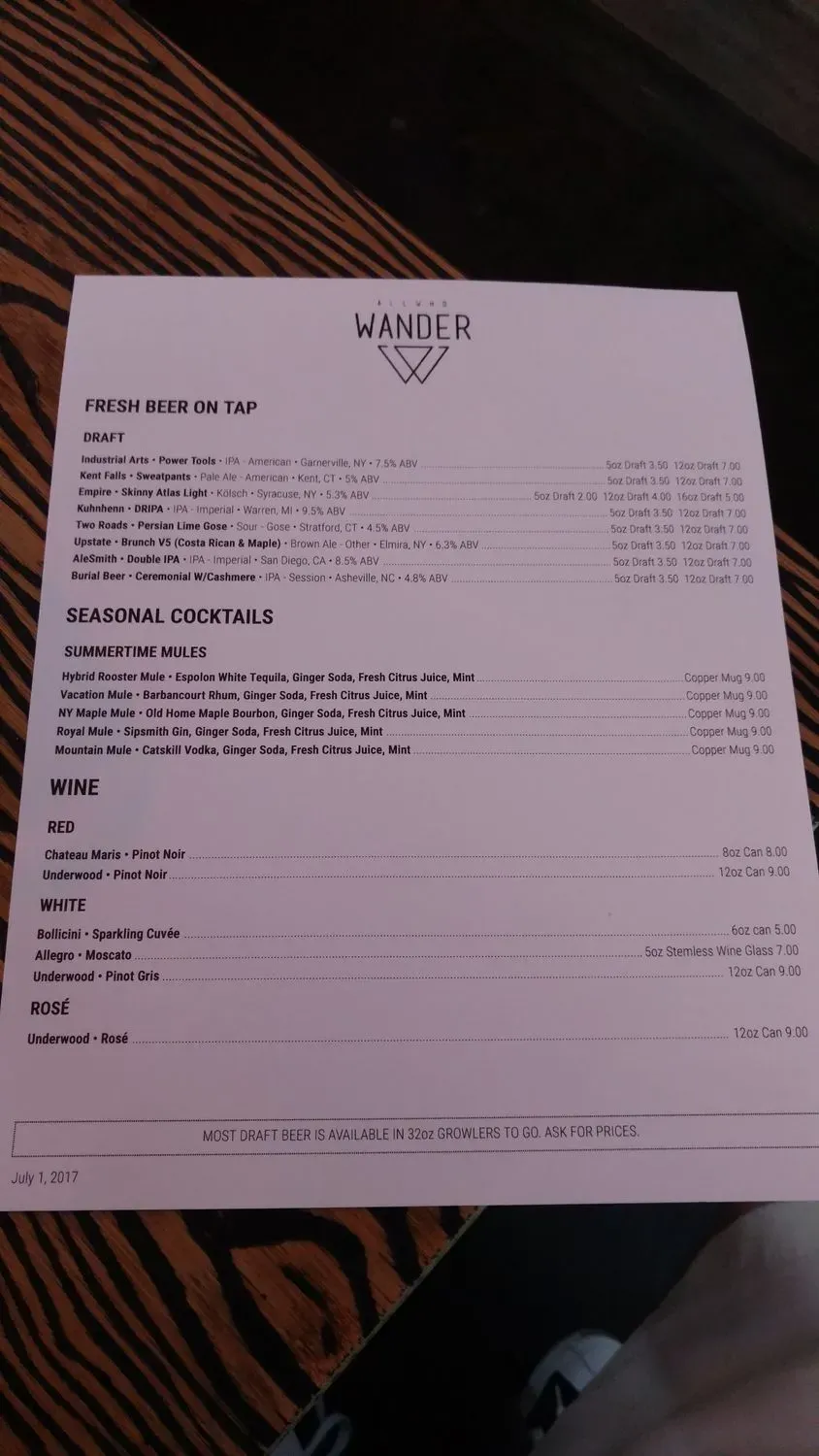 A.W. Wander Menu - Updated November 2025