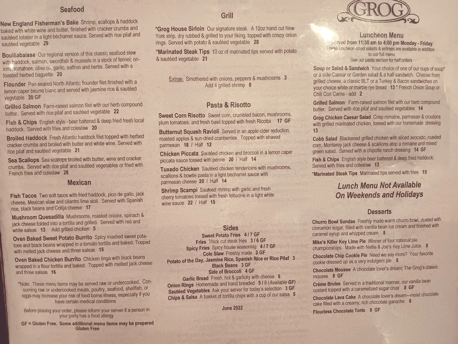 The Grog Restaurant Menu - Updated November 2025