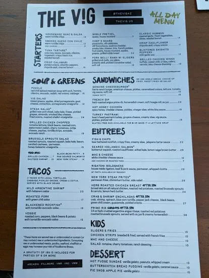 The Vig Menu | Scottsdale, AZ | Checkle