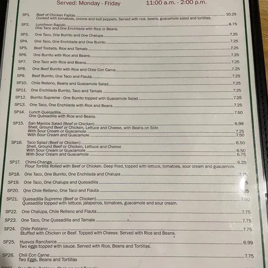 San marcos deals valley al menu