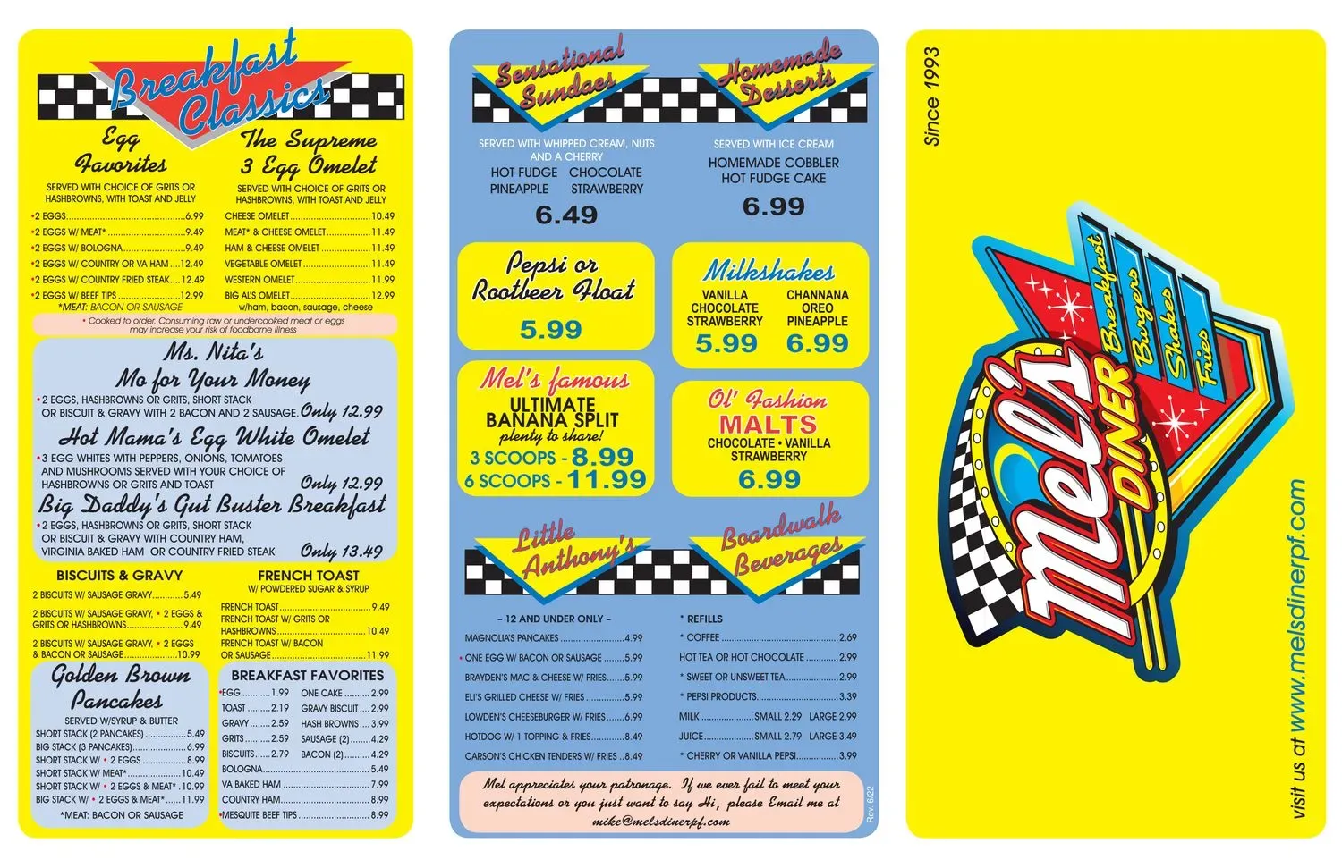 Mel's Classic Diner Menu - Updated November 2025