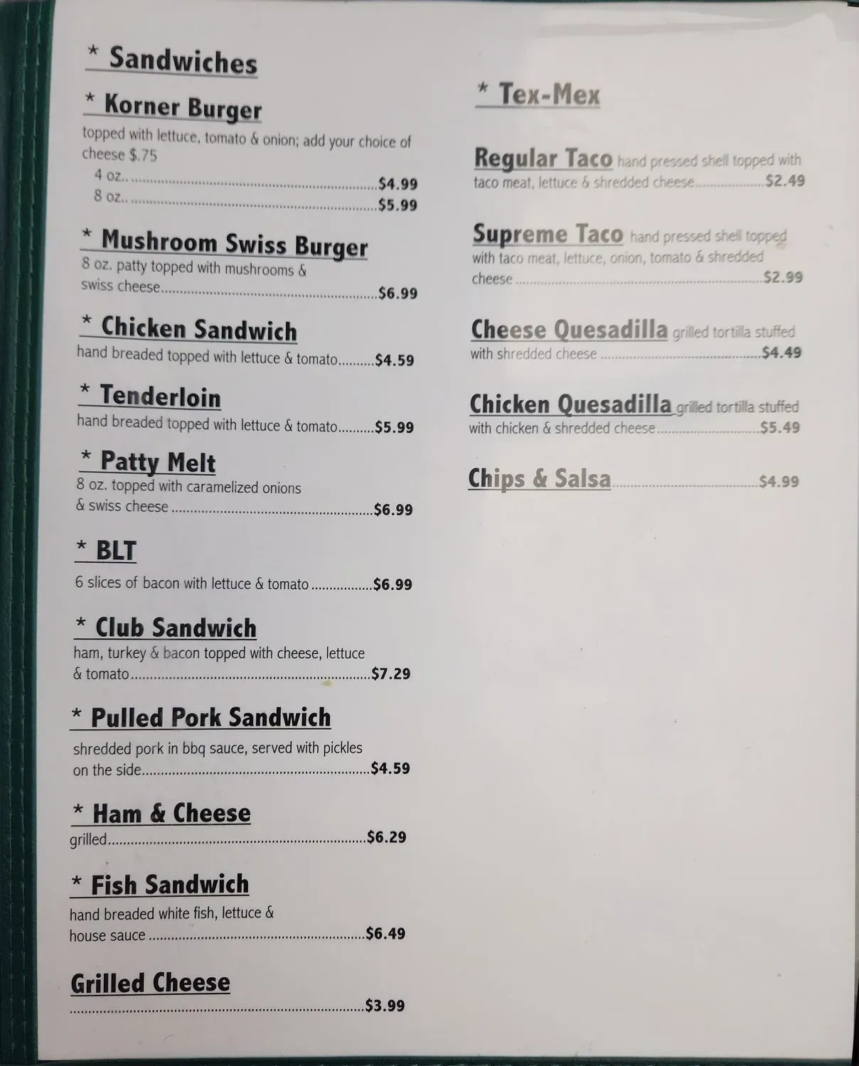 Korner Kitchen Menu - Updated November 2025