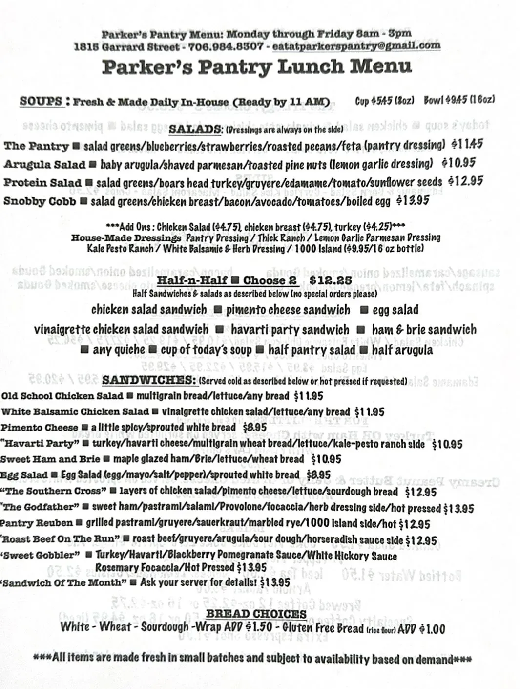 Parker’s Pantry Menu - Updated November 2025