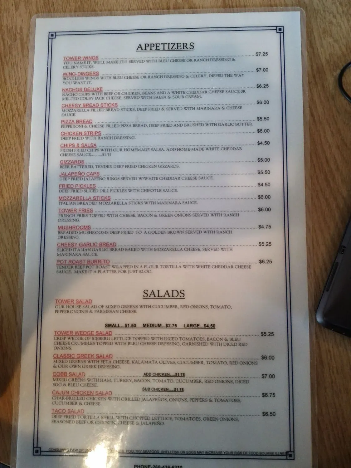 The Tower Bar & Grill Menu - Updated November 2025