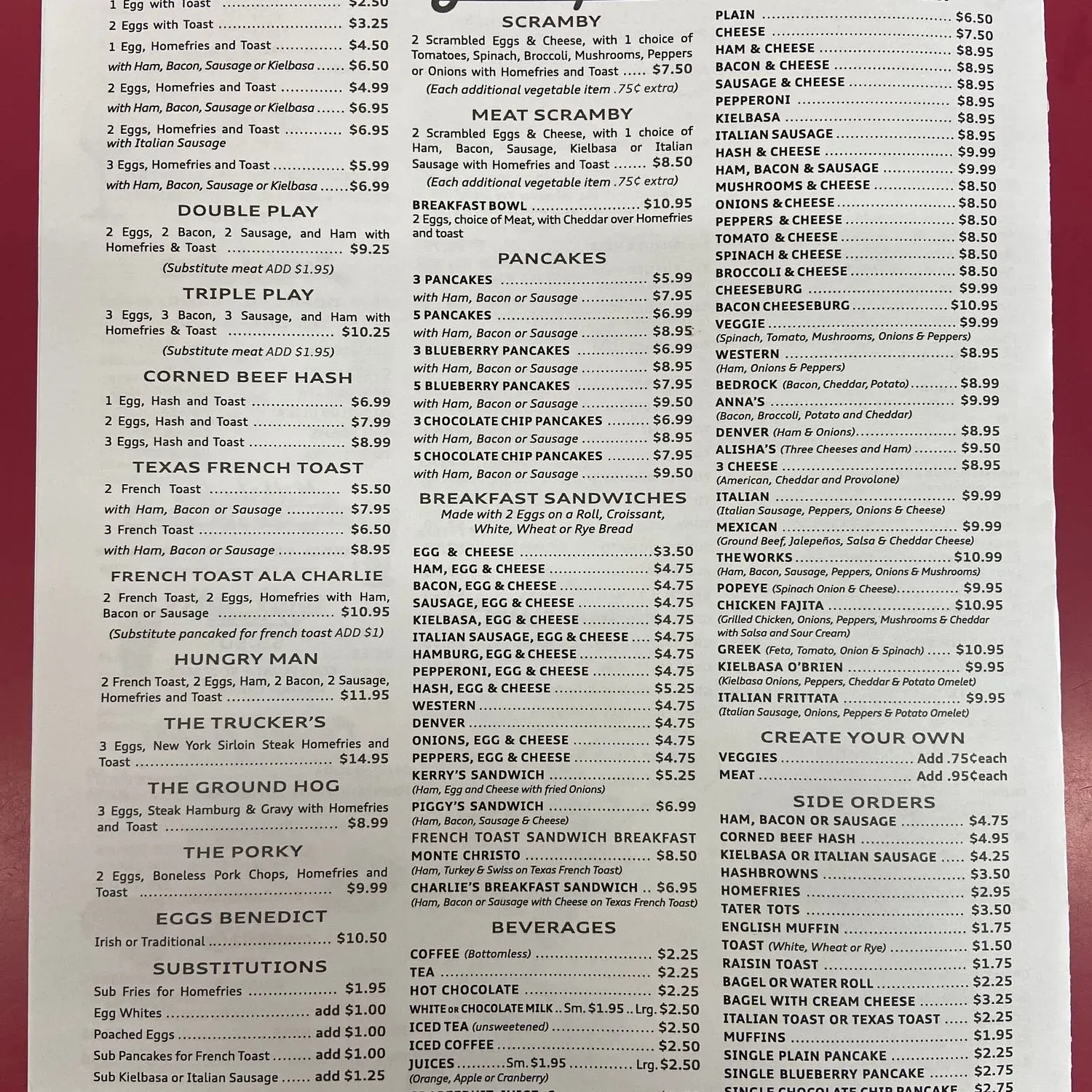 Charlie's Diner Menu - Updated November 2025