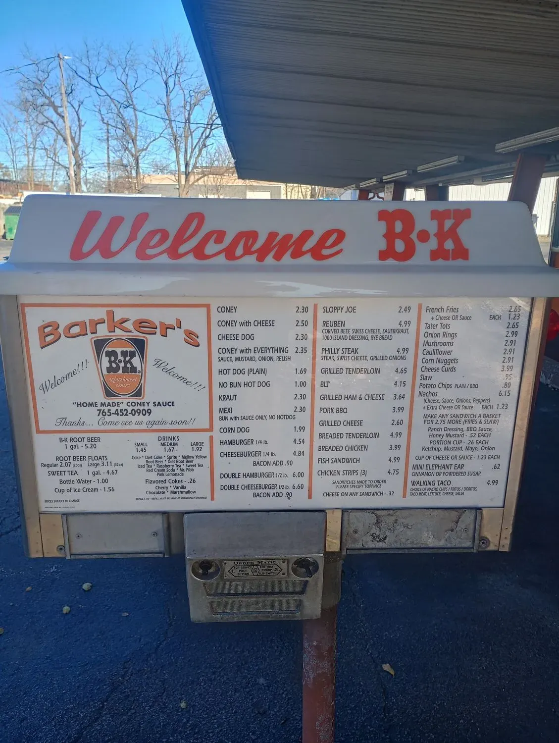 Barker's B & K Menu - Updated November 2025