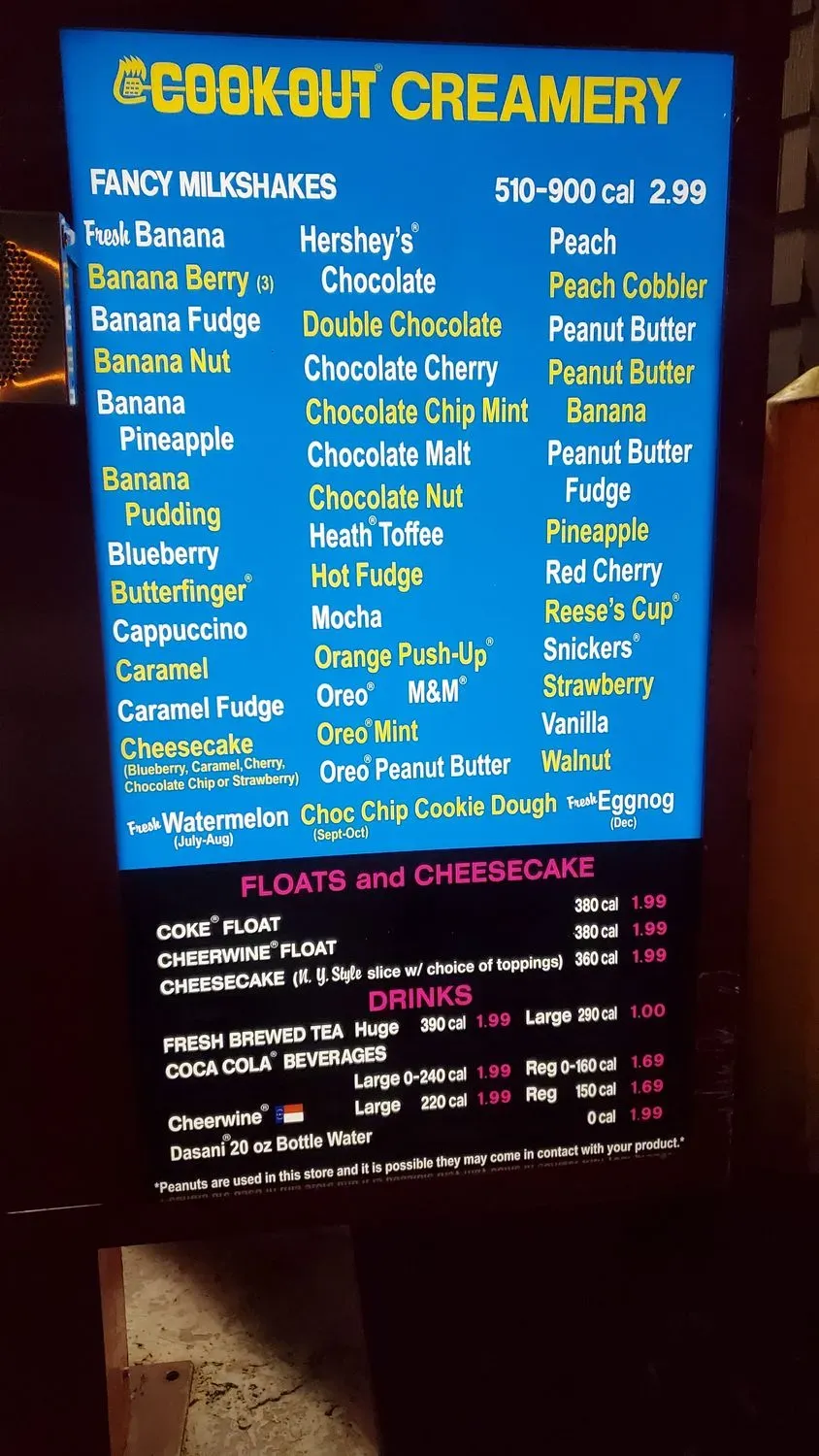 Cook Out Menu - Updated November 2025