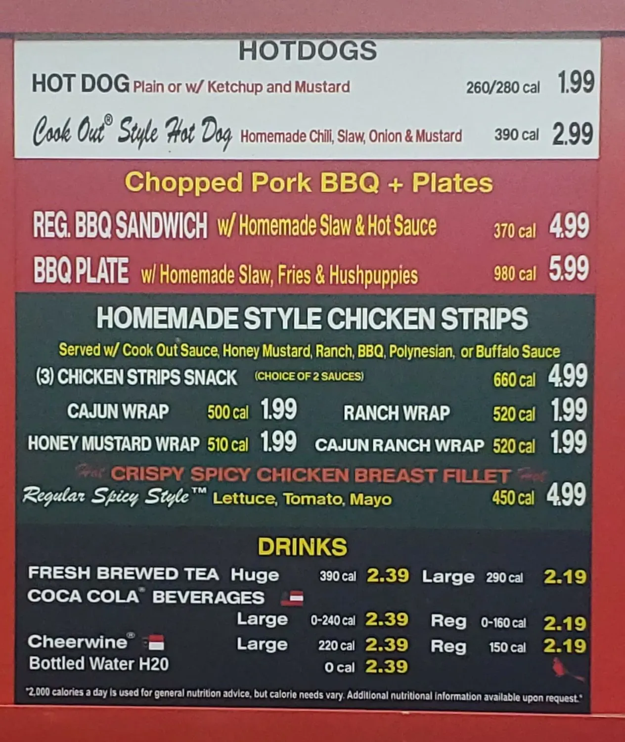Cook Out Menu - Updated November 2025
