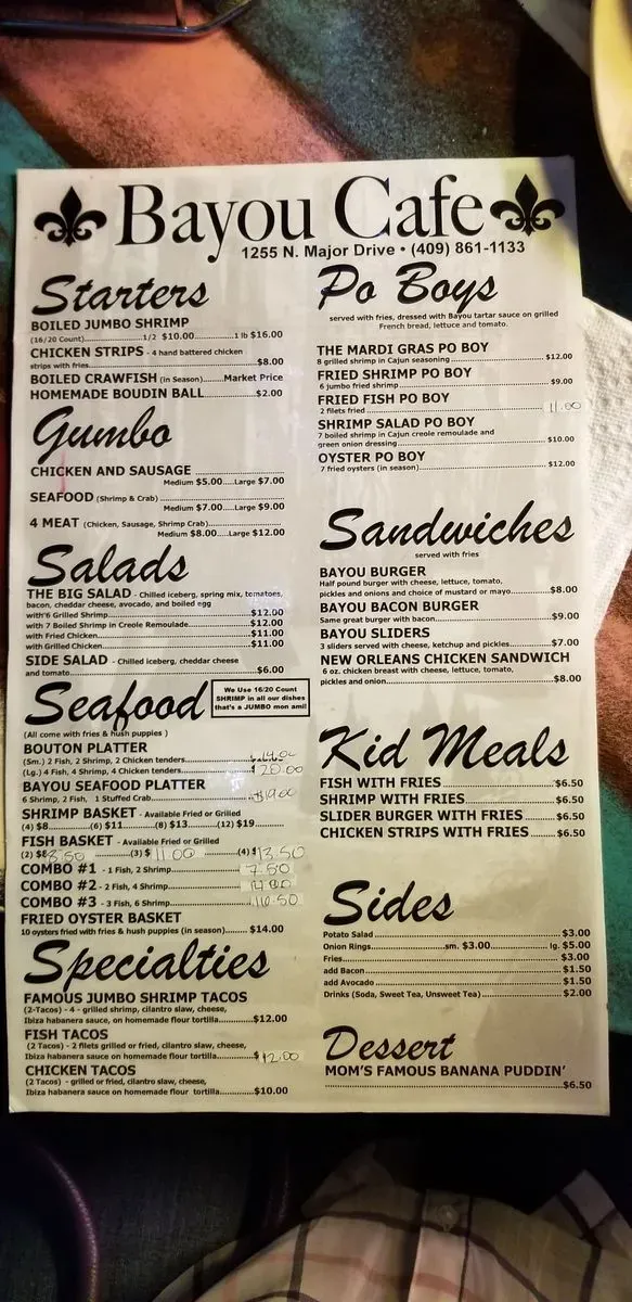 Bayou Cafe Menu Beaumont TX Checkle