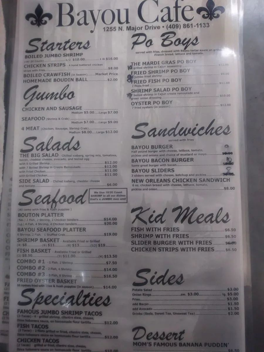 Bayou Cafe Menu Beaumont TX Checkle