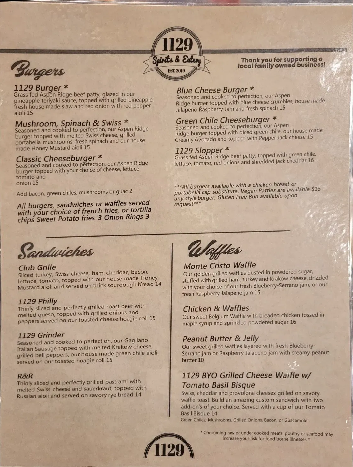 1129 Spirits & Eatery Menu - Updated November 2025