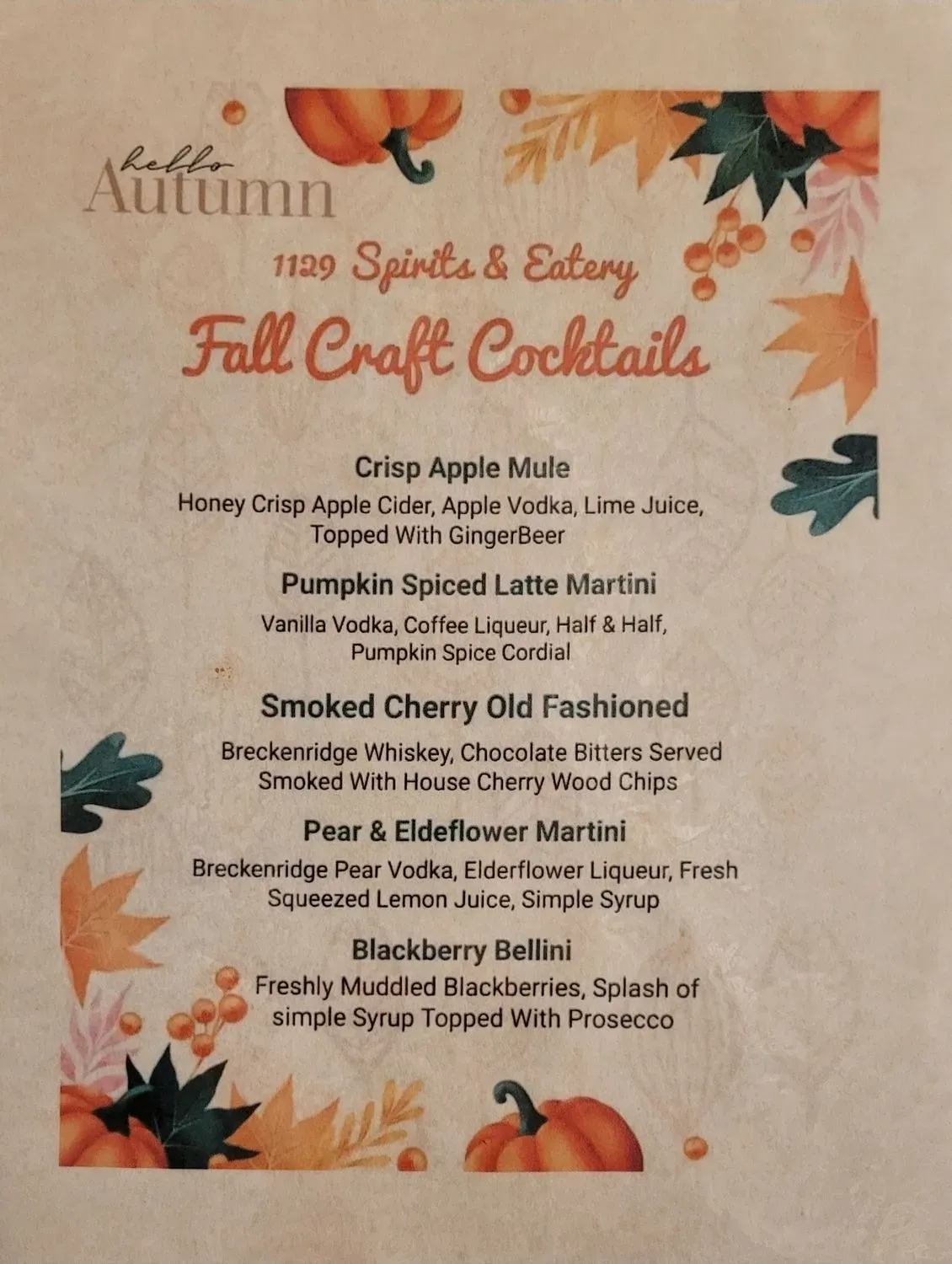 1129 Spirits & Eatery Menu - Updated November 2025