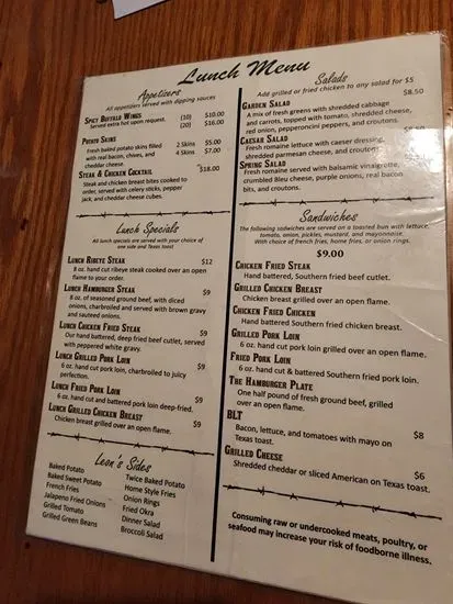 Leon's Steakhouse Saloon Menu | Longview, TX | Checkle