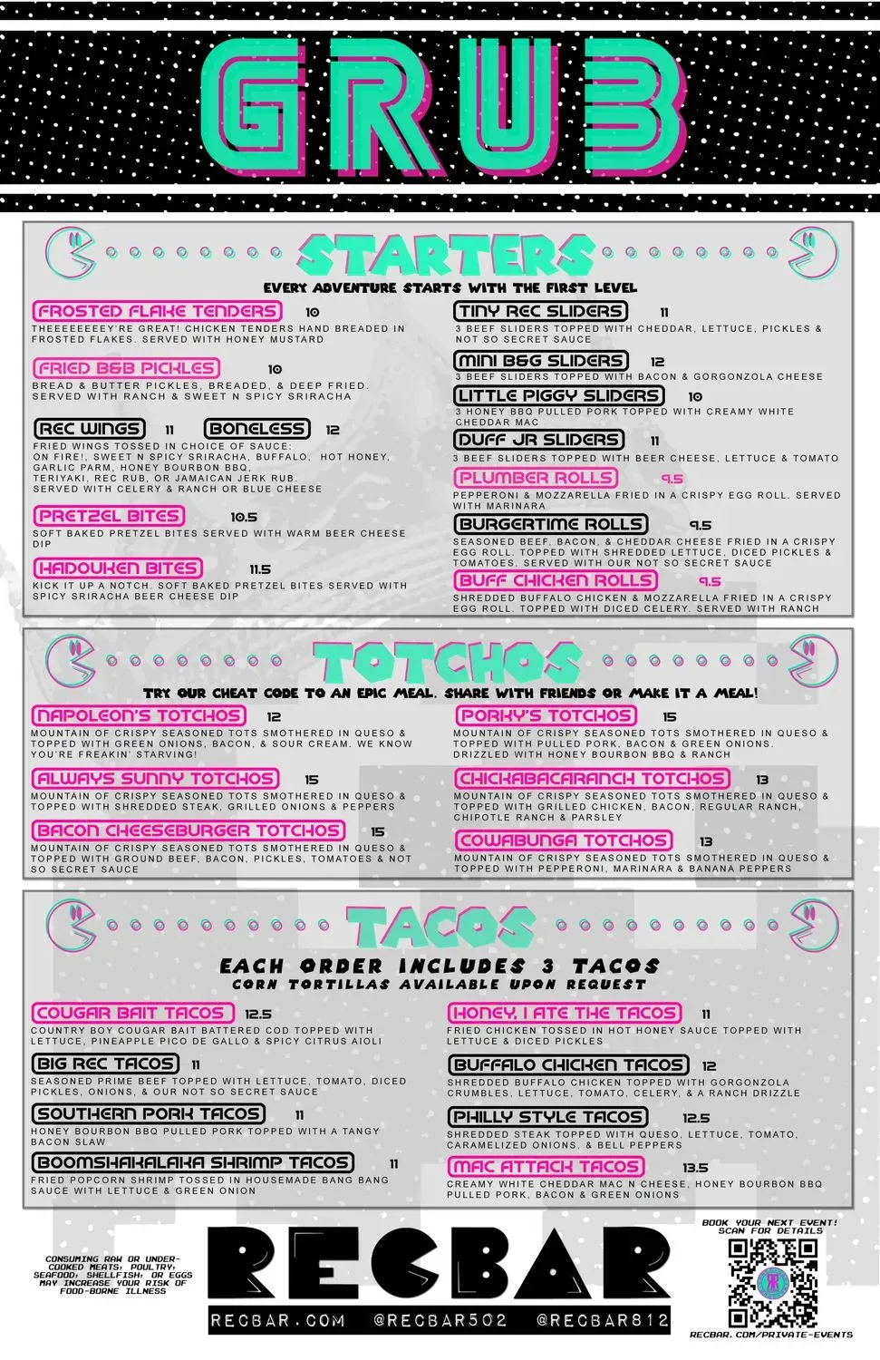 Recbar 812 Menu - Updated November 2025