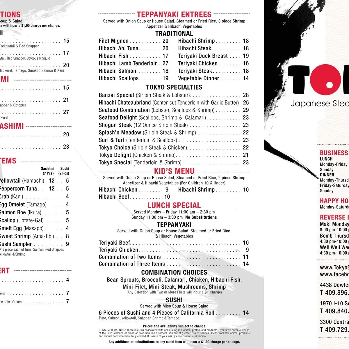 Tokyo Japanese Steakhouse Sushi Bar Menu Beaumont TX Checkle