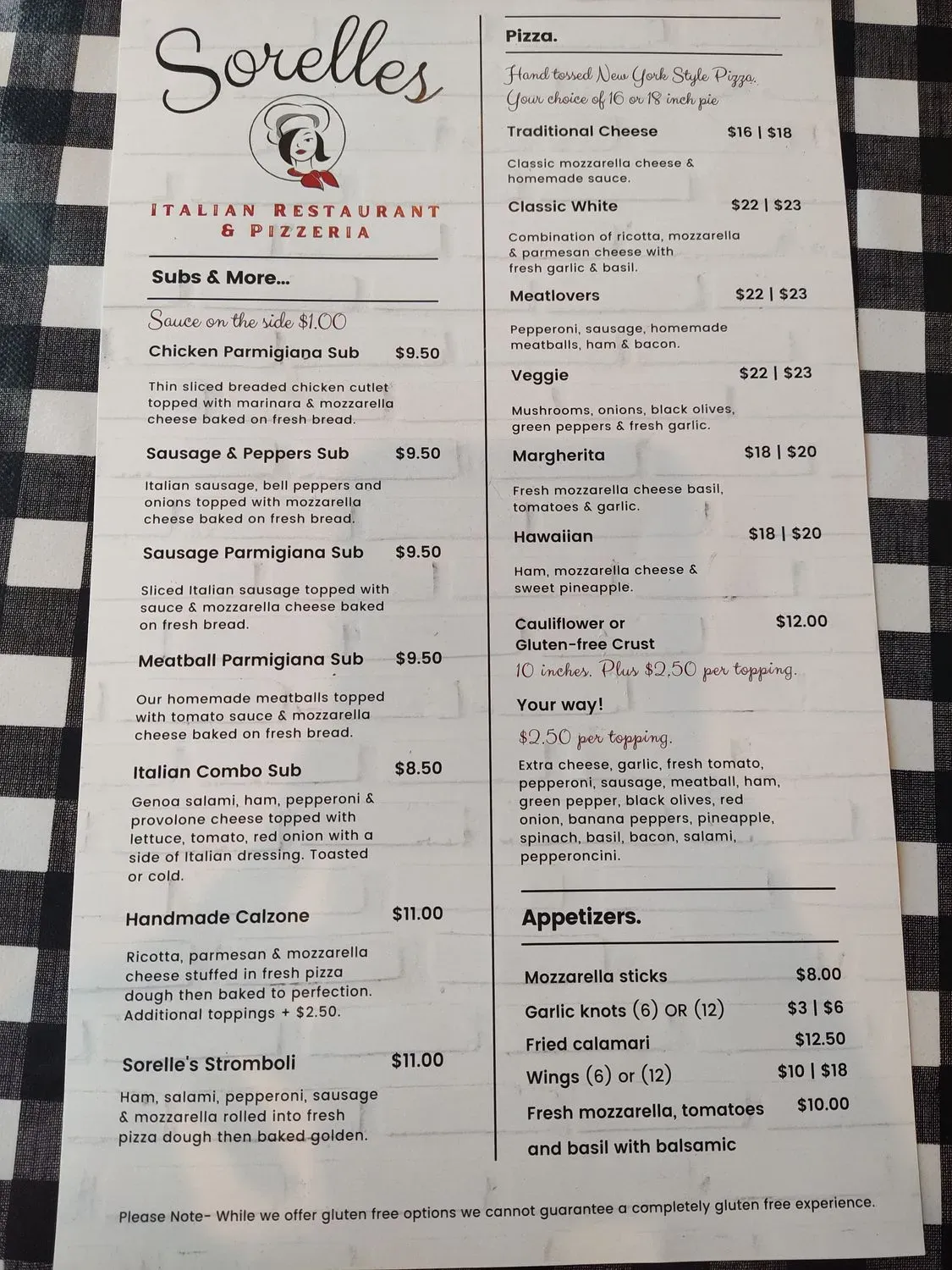 Sorelles Italian Restaurant & Pizzeria Menu - Updated November 2025