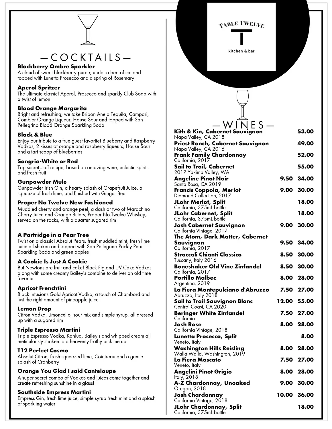 Table Twelve Kitchen & Bar Menu - Updated November 2025