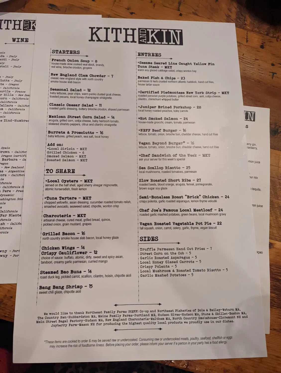 Kith and Kin Menu - Updated November 2025